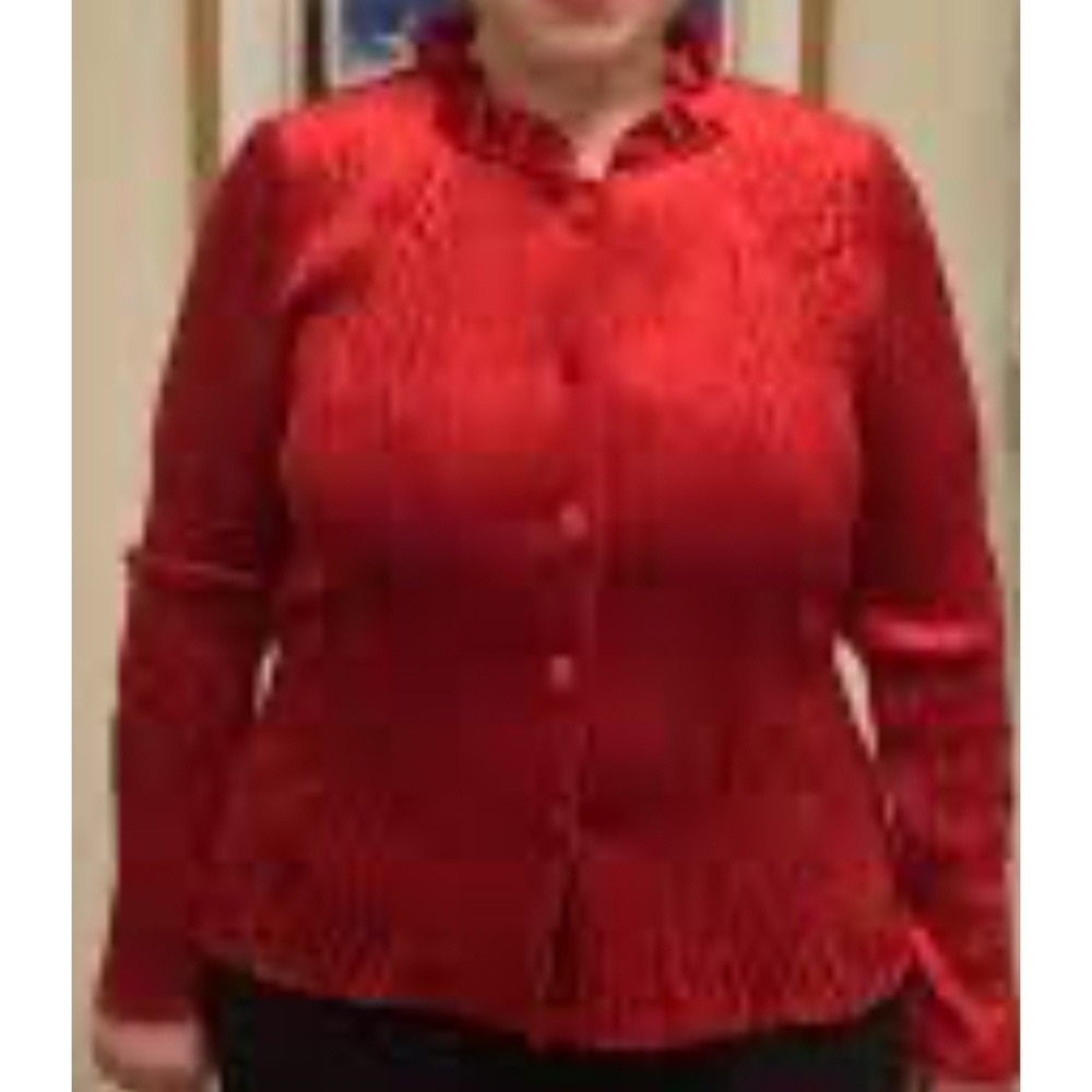 Chicos Red Velvet Smocked Ruffle Neck Cardigan Jacket Button‎ Front Size 3 L XL